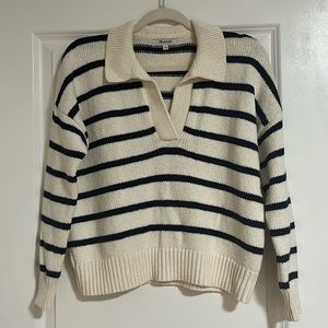 Long-sleeve, striped, knitted collared sweater. Cozy and runs big.